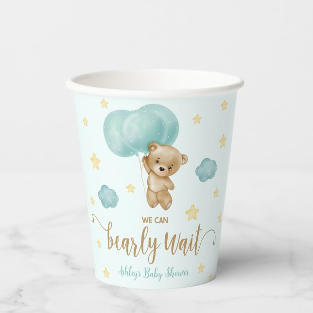 Vasos De Papel Baby Shower de Teddy Bear and Blue Balloons (Anverso)