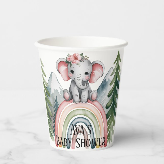 Vasos De Papel Baby Shower del arco iris del Elefante Whimsical (Anverso)