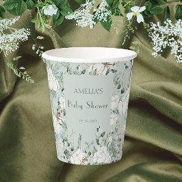 Vasos De Papel Baby Shower floral verde moderno Sage