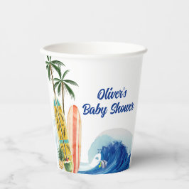 Vasos De Papel Baby Shower moderno Blue Ocean Wave Surfboard