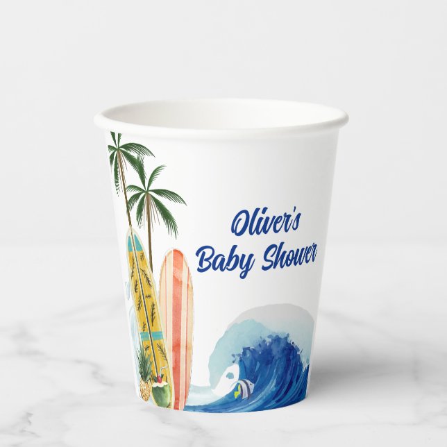 Vasos De Papel Baby Shower moderno Blue Ocean Wave Surfboard (Anverso)