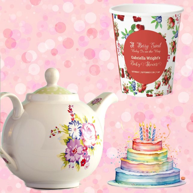 Vasos De Papel Baby Shower moderno rojo fresa azul Berry dulce (Modern Red Strawberry Blue Berry Sweet Baby Shower Paper Cups)