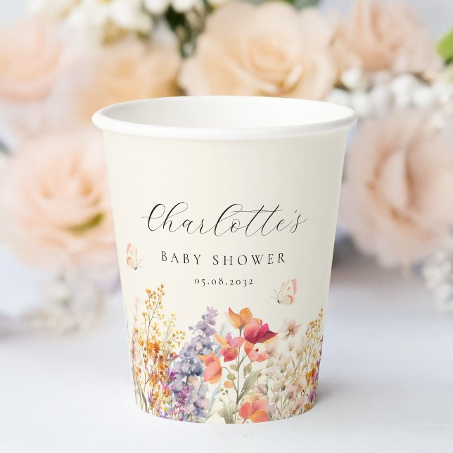 Vasos De Papel Baby Shower moderno y florido (Modern, Wildflower Baby Shower Paper Cups with your name and date. For boy and girl, gender-neutral.)