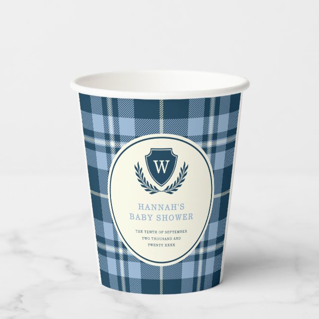 Vasos De Papel Baby Shower Monograma de Marina Blue Plaid (Reverso )