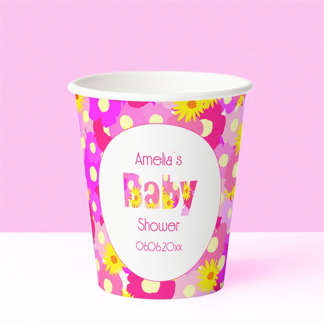 Vasos De Papel Baby Shower personalizado de flor rosa de bonito (Subido por el creador)