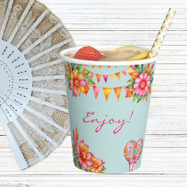 Vasos De Papel Baby Shower Pink Floral Blue Fiesta