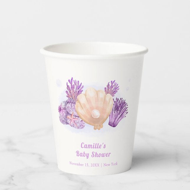 Vasos De Papel Baby Shower Purple Retro Pearl Seashell (Anverso)