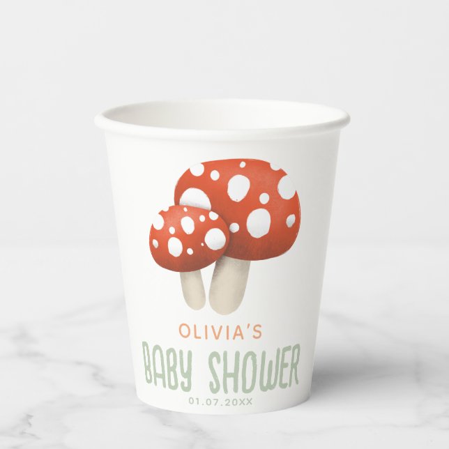 Vasos De Papel Baby Shower rustico del hongo rojo Woodland (Anverso)