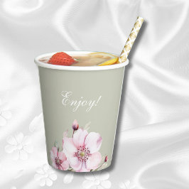 Vasos De Papel Baby Shower Sage Green Floral Pink Roses
