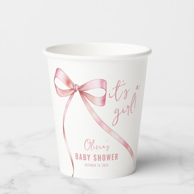 Vasos De Papel Baby Shower simple Chica de arco rosado (Reverso )