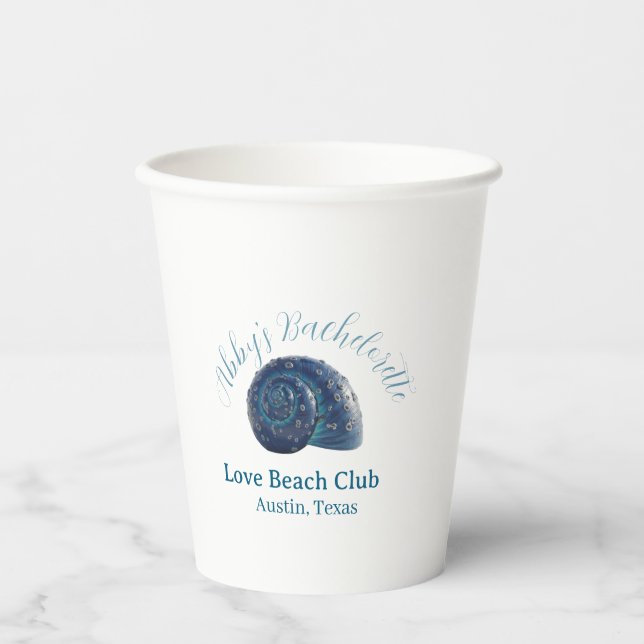 Vasos De Papel Bachelorette party beach club blue sea shell name  (Anverso)