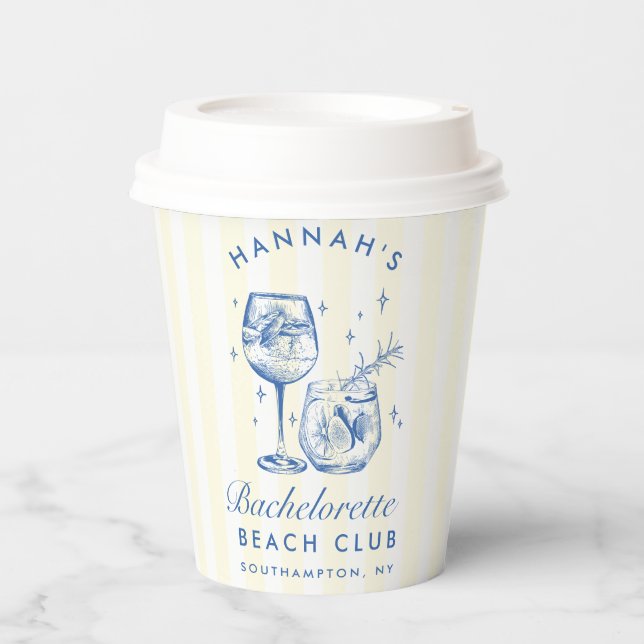 Vasos De Papel Bachelorette Retro Cocktail Blue & Yellow Stripes (Anverso)