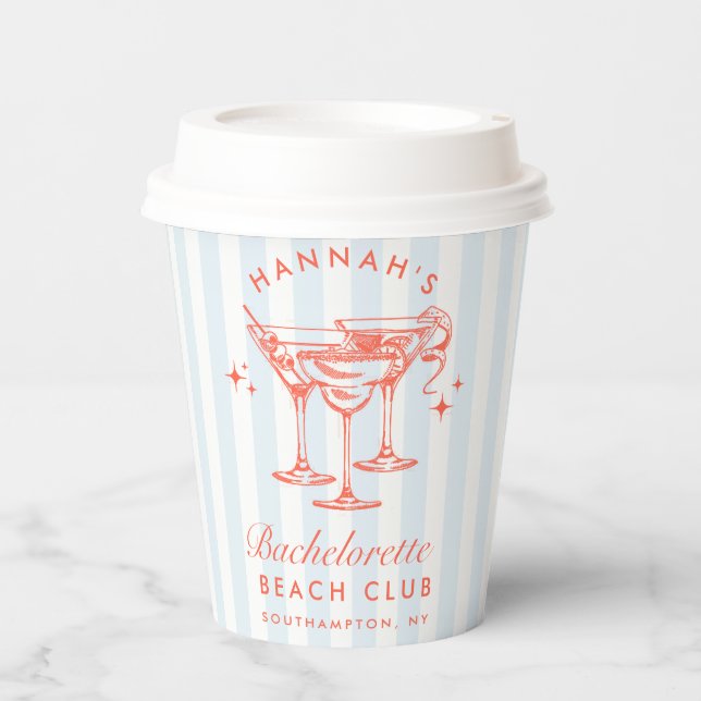 Vasos De Papel Bachelorette Retro franjas modernas azul y roja (Anverso)