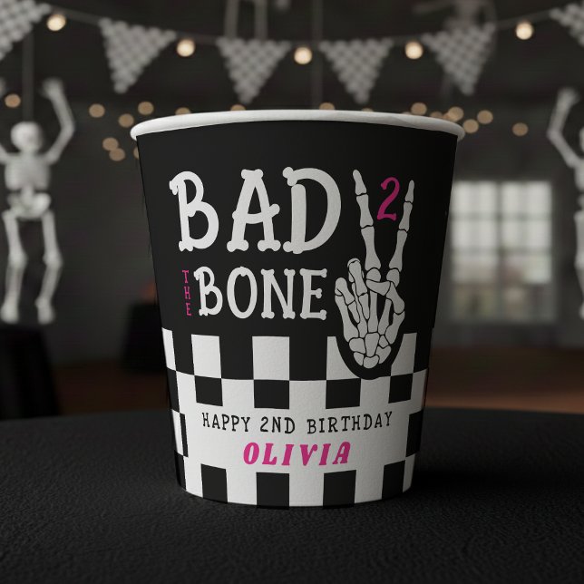 Vasos De Papel Bad 2 the Bone Skeleton Pink 2nd Birthday Party (Subido por el creador)