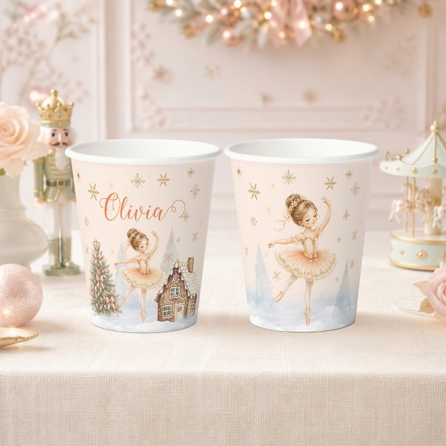 Vasos De Papel Bailarina de ballet del Cascanueces Sugar Plum Bal (Nutcracker Sugar Plum Fairy Ballerina 1st Birthday - Front and Back)