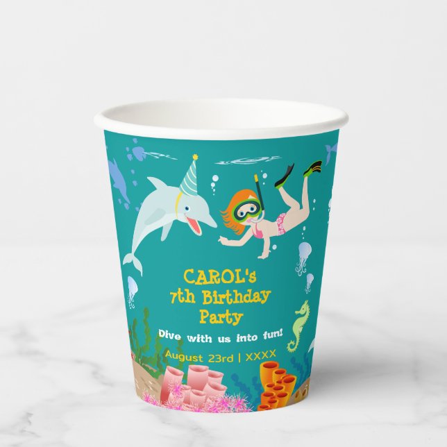 Vasos De Papel Bajo el mar delfines y fiesta de cumpleaños chica (Anverso)