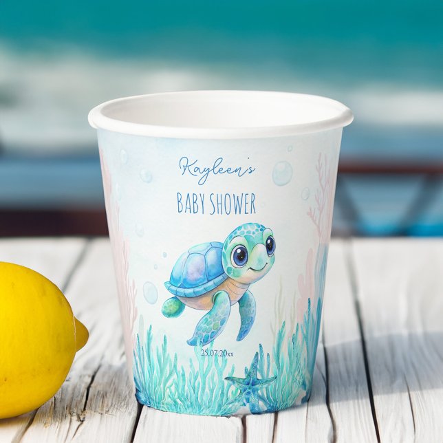 Vasos De Papel Bajo el mar, una bella tortuga acua ducha de bebé  (Under the sea cute turtle aqua blue boy baby shower monogram personalized paper cups table decor)