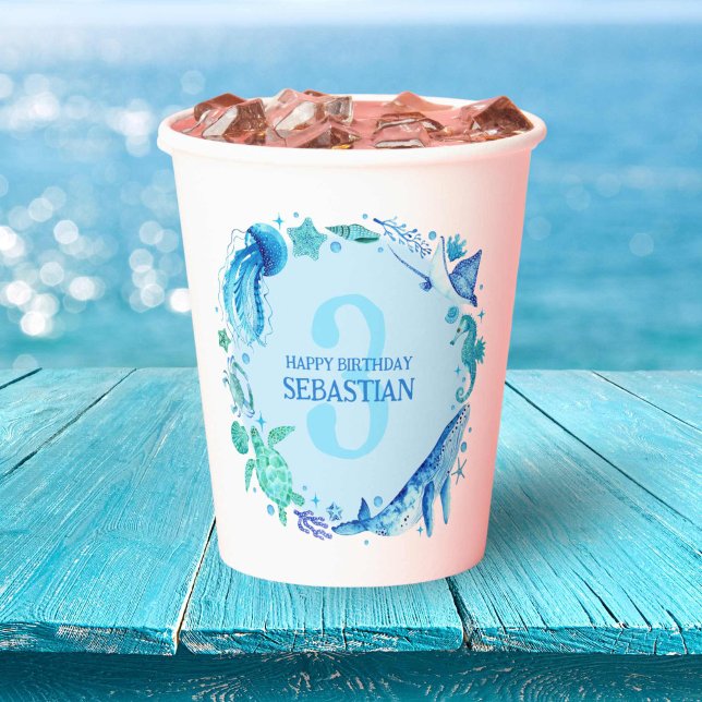 Vasos De Papel Bajo la acuarela Fiesta del mar Tercer cumpleaños (Under the Sea Party Watercolor 3rd Birthday Paper Cups)