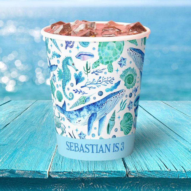 Vasos De Papel Bajo la ballena acuática de Sea Fiesta, caballito  (Under the Sea Party Watercolor Whale, Seahorse, Paper Cups)