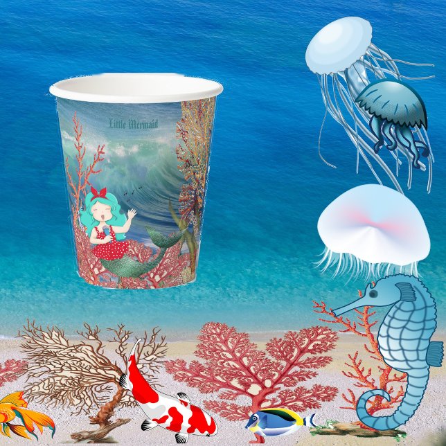 Vasos De Papel Bajo La Sirenita Del Mar Cantando El Cumpleaños De (Under The Sea Mermaid Singing Coral Reef Birthday Paper Cups)