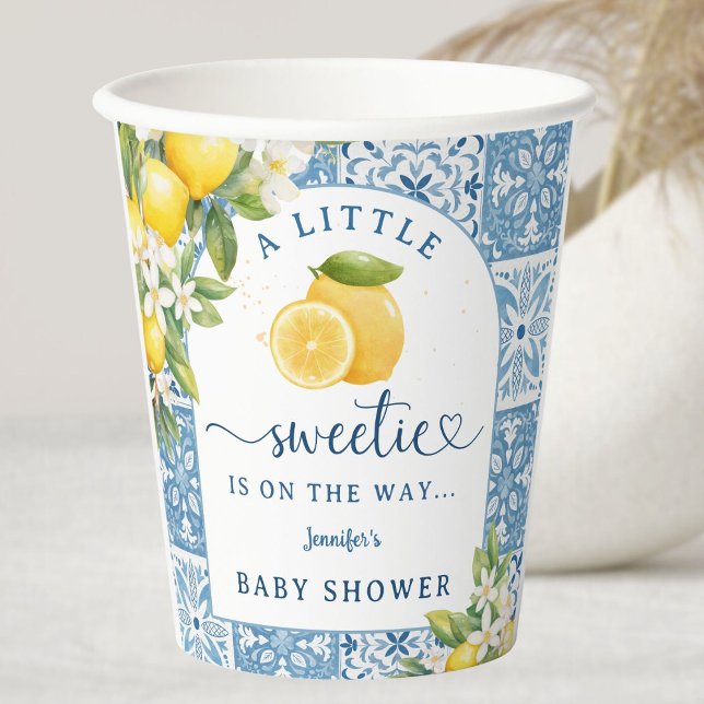 Vasos De Papel Baldosas azules de Baby Shower de limón mediterrán (Subido por el creador)