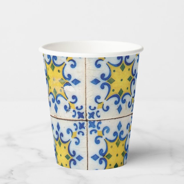 Vasos De Papel Baldosas portuguesas - Patrón azul y amarillo Azul (Anverso)