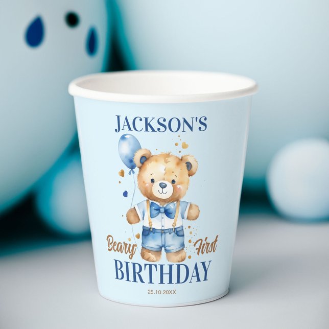 Vasos De Papel Balón azul de peluche beary first boys lindo (Beary first boys birthday cute teddy bear with a blue balloon personalized party paper cups)