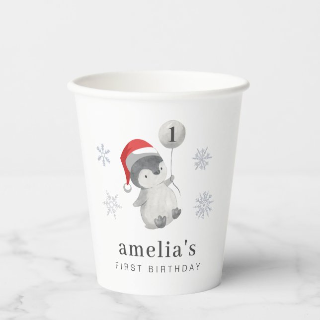 Vasos De Papel Balón Pingüino Primer Cumpleaños (Anverso)