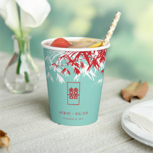 Vasos De Papel Bambú turquesa deja Boda chino Xi doble