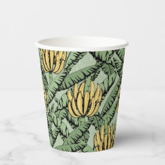 Vasos De Papel Banana amarilla tropical verde y hojas