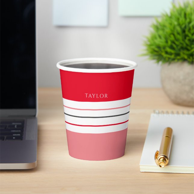 Vasos De Papel Bandas Rojas Rojas Modernas Con Cubos De Papel Con (in situ)