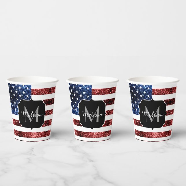 Vasos De Papel Bandera de Estados Unidos azul brillante purpurina (Multi)