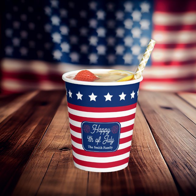 Vasos De Papel Bandera Patriótica de EEUU Feliz 4 de julio, nombr (Patriotic U.S. Flag "Happy 4th of July" Family Name Paper Cups)
