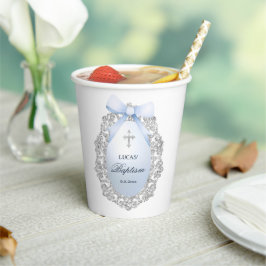 Vasos De Papel Baptismo de armazón azul de Purpurina plateado