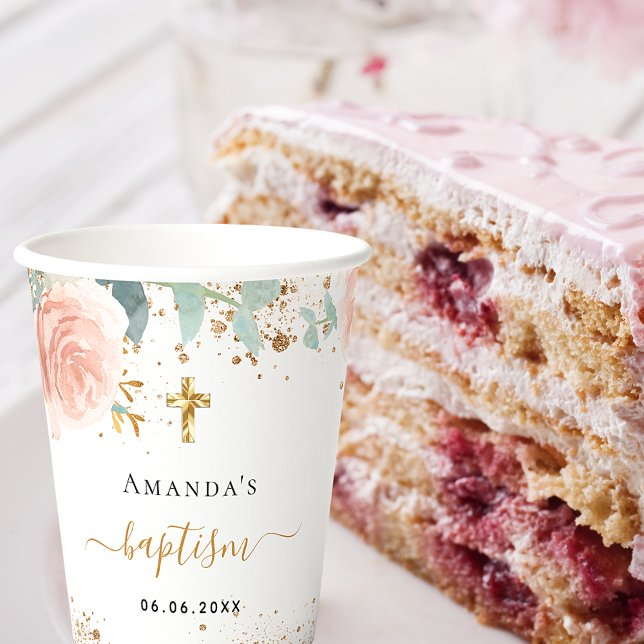 Vasos De Papel Baptismo eucalipto chica floral rosa rosa oro (Subido por el creador)