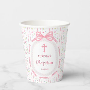 Vasos De Papel Baptismo floral de marco de cinta rosada