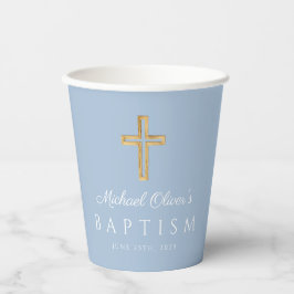 Vasos De Papel Baptismo religioso de niño azul cruzado