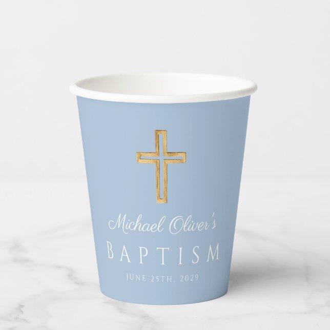 Vasos De Papel Baptismo religioso de niño azul cruzado (Anverso)