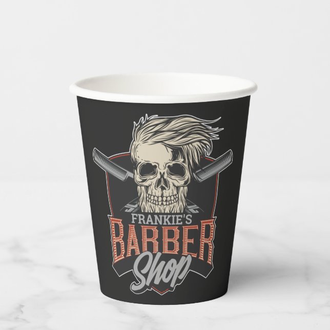 Vasos De Papel Barbería personalizada Hipster Skull y Razors (Anverso)