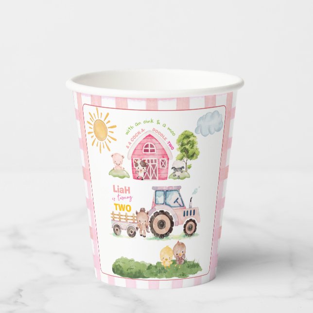 Vasos De Papel Barnyard Fun Pink 2nd Birthday  (Anverso)