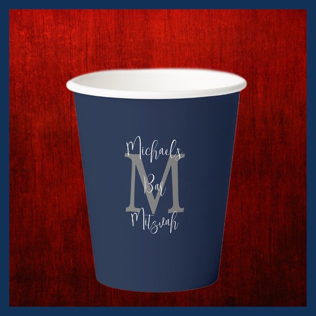 Vasos De Papel Barra Mitzvah Nombre Fiesta Gris Monograma Azul bl (Subido por el creador)