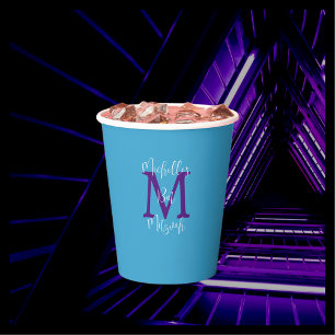 Vasos De Papel Bat Mitzvah Fiesta Nombre Morado Monograma Cielo A