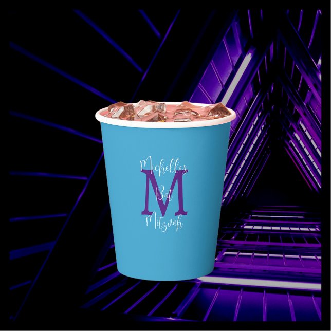 Vasos De Papel Bat Mitzvah Fiesta Nombre Morado Monograma Cielo A (Subido por el creador)