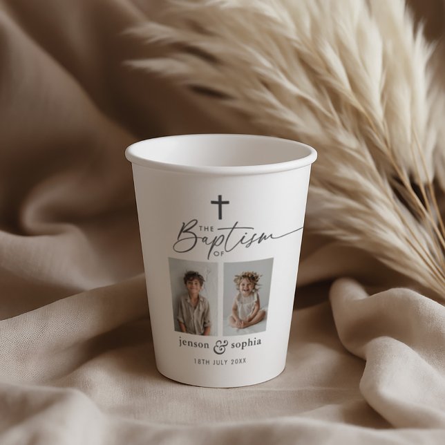 Vasos De Papel Bautismo conjunto 2 Foto (Zazzle Joint Baptism 2 Photo Paper Cups)