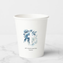 Vasos De Papel bautismo floral azul acuarela