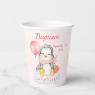 Vasos De Papel Bautizo Adorable Pinguino Bebé Acuarela Rosa