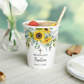 Vasos De Papel Bautizo boho de girasol y eucalipto cruz elegante
