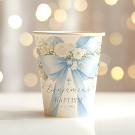 Vasos De Papel Bautizo de bebé niño con lazo azul Eucalipto