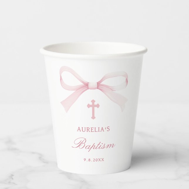 Vasos De Papel Bautizo de lazo rosa acuarela (Anverso)