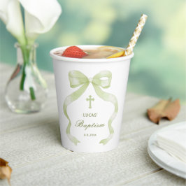 Vasos De Papel Bautizo de lazo verde elegante